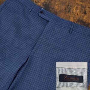 Zanella Dress Pants Size 35x26 Parker In Subtle Navy Blue Plaid 100% Wool Cuffed